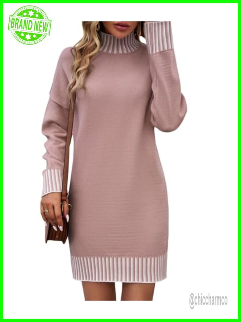 Women's Mock Turtleneck Sweater Dress Long Sleeve Ribbed Knit Fall Winter